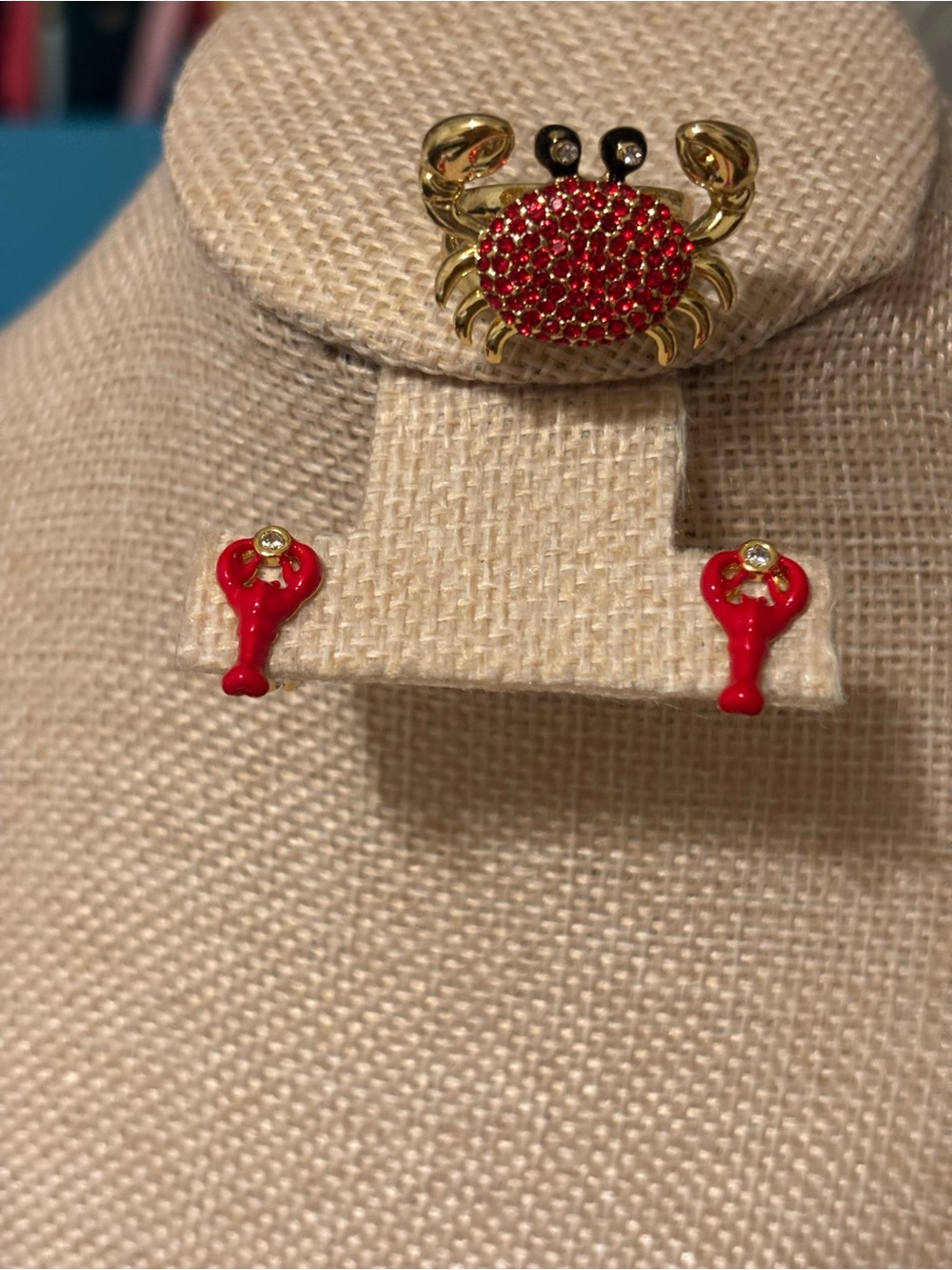 Gold Crab Ring and Red Lobster Stud Earrings Set - Women Jewelry
